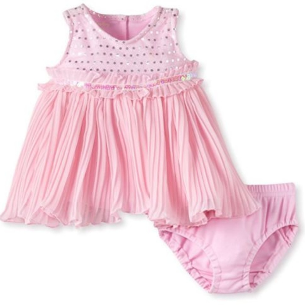 Nannette‎ Baby Girls Pink Mesh Dot Pleated Chiffon Dress Set 3-6 6-9 NWT